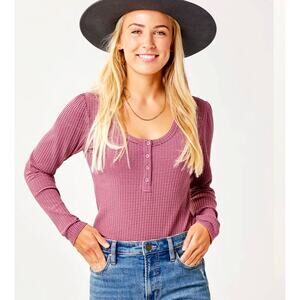 Carve Designs Emma Top Striped Henley Long Sleeve Sz Large Red Pink Ribbed